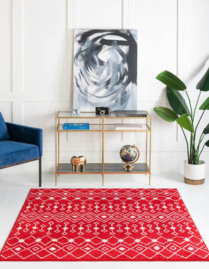 Burgundy Red 5' 3 x 5' 3 Tribal Trellis Square Area Rug Geometric Southwestern Inspired Durable Carpet for Home Interior Design for Sale at Rug Engine