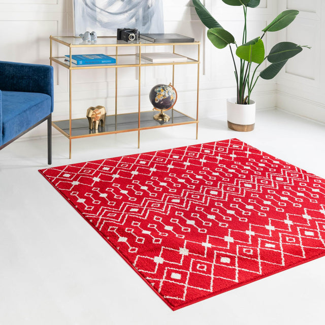 Burgundy Red 7' 10 x 7' 10 Tribal Trellis Square Area Rug Geometric Southwestern Inspired Durable Carpet for Home Interior Design for Sale at Rug Engine