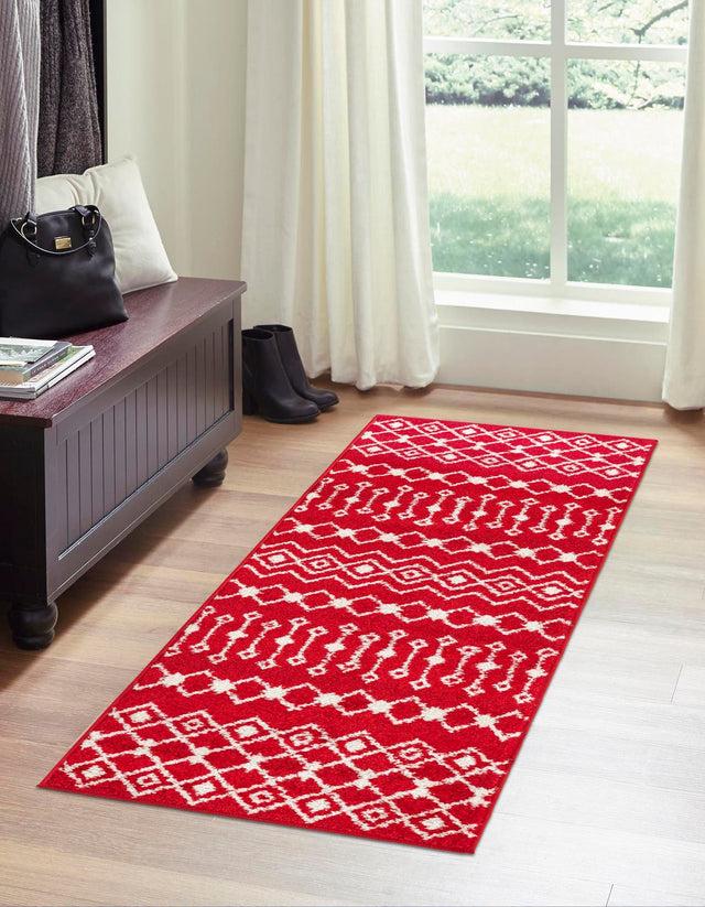 Burgundy Red 2' x 8' Tribal Trellis Runner Area Rug Geometric Southwestern Inspired Durable Carpet for Home Interior Design for Sale at Rug Engine