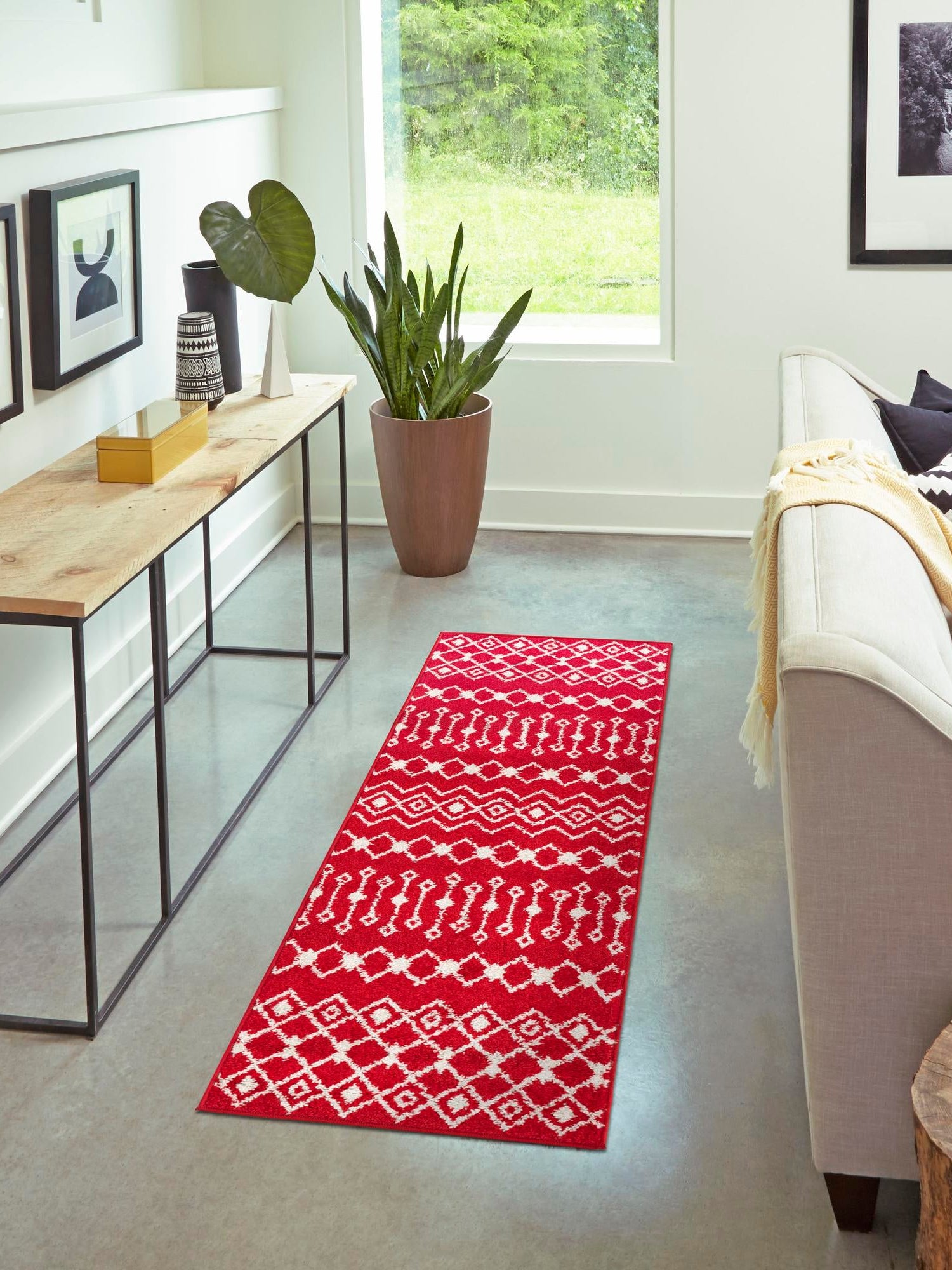 Burgundy Red 3' 3 x 16' 5 Tribal Trellis Runner Area Rug Geometric Southwestern Inspired Durable Carpet for Home Interior Design for Sale at Rug Engine