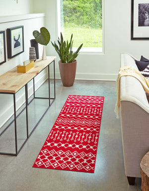 Burgundy Red 2' x 6' Tribal Trellis Runner Area Rug Geometric Southwestern Inspired Durable Carpet for Home Interior Design for Sale at Rug Engine