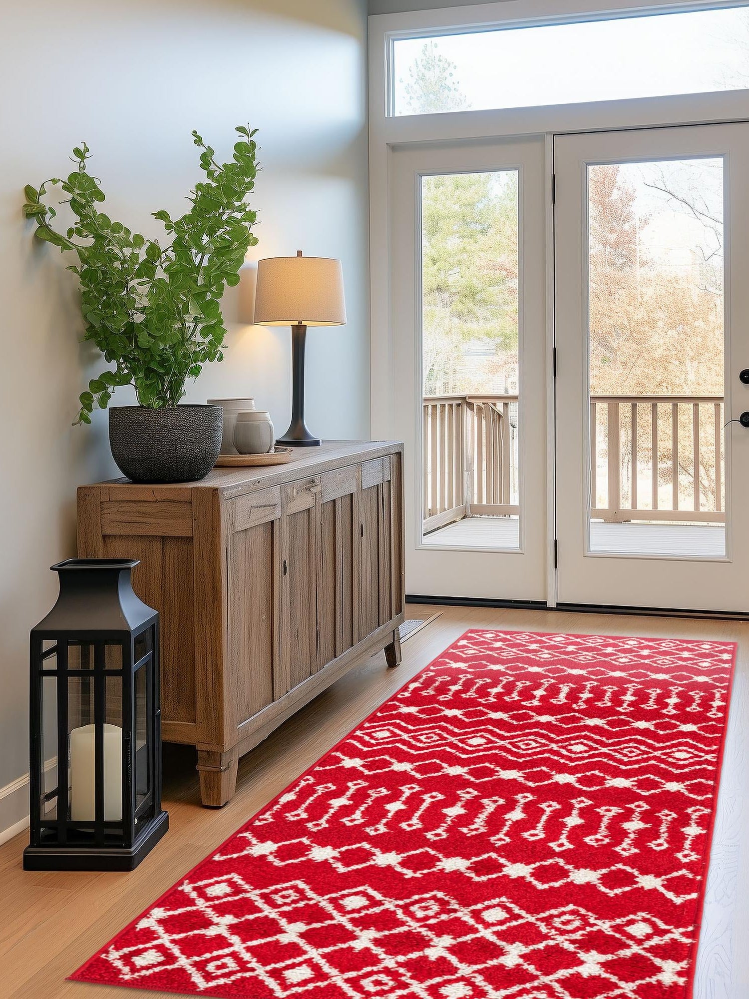 Burgundy Red 3' 3 x 16' 5 Tribal Trellis Runner Area Rug Geometric Southwestern Inspired Durable Carpet for Home Interior Design for Sale at Rug Engine