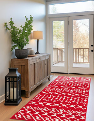 Burgundy Red 2' 7 x 12' Tribal Trellis Runner Area Rug Geometric Southwestern Inspired Durable Carpet for Home Interior Design for Sale at Rug Engine