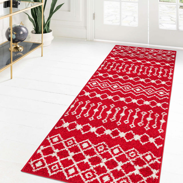 Burgundy Red 2' x 8' Tribal Trellis Runner Area Rug Geometric Southwestern Inspired Durable Carpet for Home Interior Design for Sale at Rug Engine