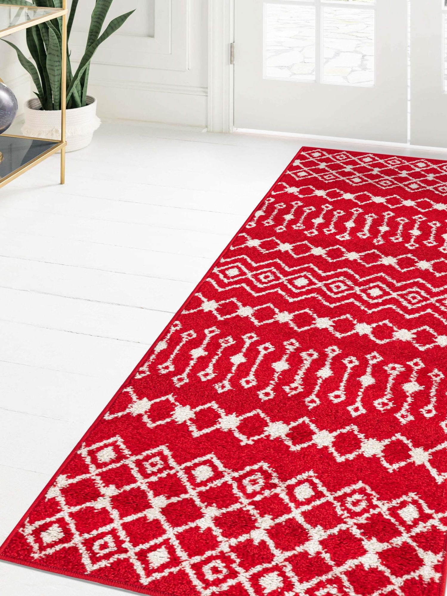 Burgundy Red 2' 7 x 10' Tribal Trellis Runner Area Rug Geometric Southwestern Inspired Durable Carpet for Home Interior Design for Sale at Rug Engine