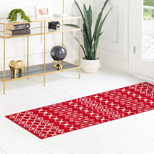 Burgundy Red 2' x 5' Tribal Trellis Runner Area Rug Geometric Southwestern Inspired Durable Carpet for Home Interior Design for Sale at Rug Engine