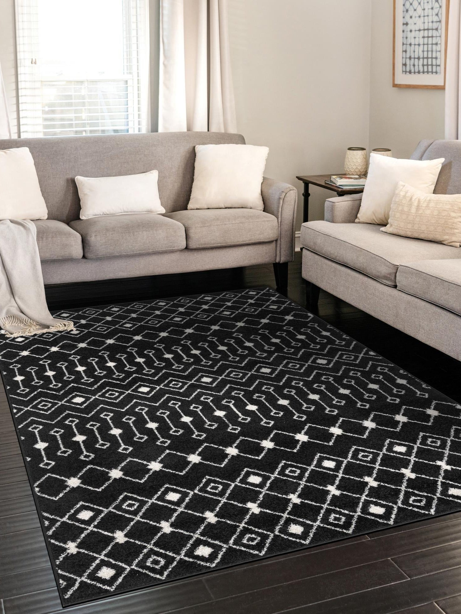 Black and White 10' 8 x 14' Tribal Trellis Rectangle Area Rug Geometric Southwestern Inspired Durable Carpet for Home Interior Design for Sale at Rug Engine