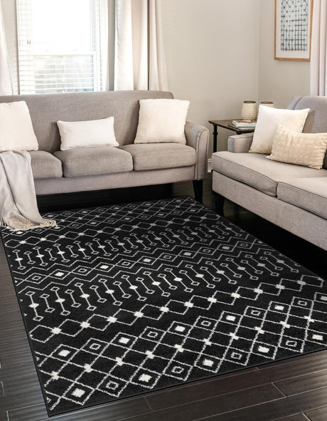 Black and White 10' 8 x 14' Tribal Trellis Rectangle Area Rug Geometric Southwestern Inspired Durable Carpet for Home Interior Design for Sale at Rug Engine