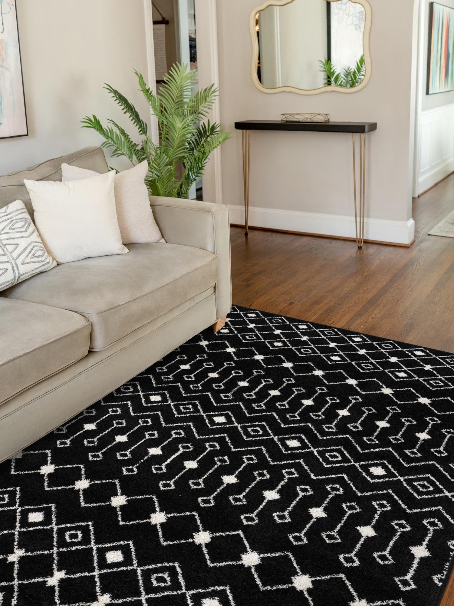 Black and White 10' 8 x 14' Tribal Trellis Rectangle Area Rug Geometric Southwestern Inspired Durable Carpet for Home Interior Design for Sale at Rug Engine