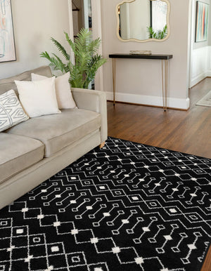 Black and White 10' 8 x 14' Tribal Trellis Rectangle Area Rug Geometric Southwestern Inspired Durable Carpet for Home Interior Design for Sale at Rug Engine