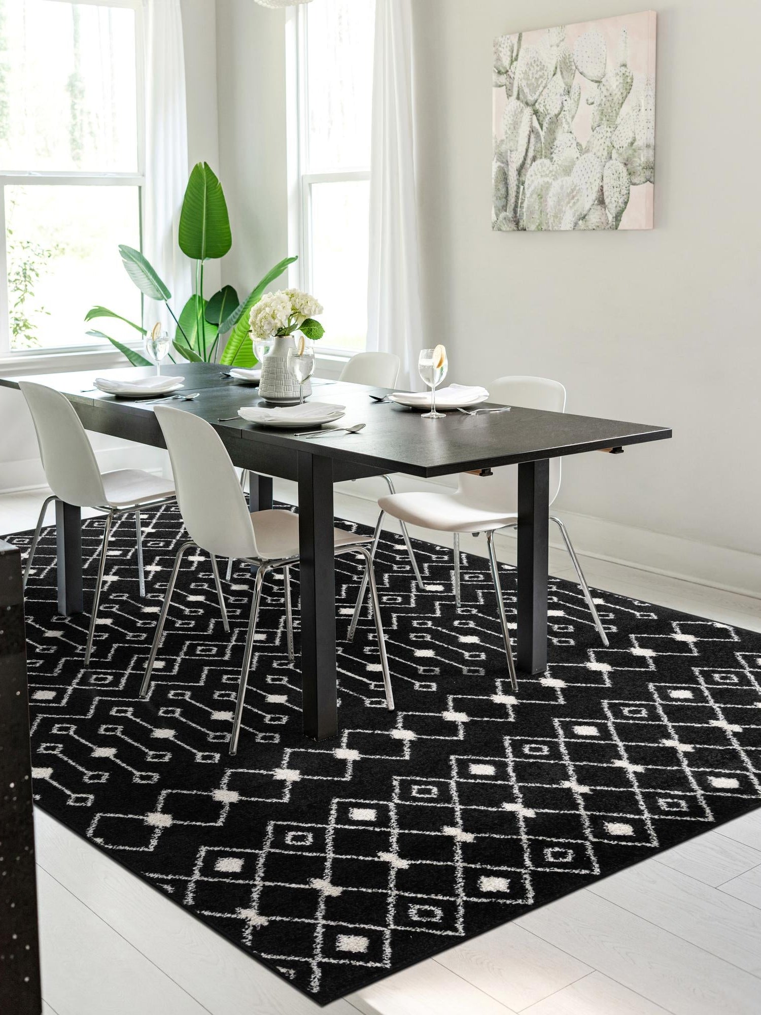 Black and White 4' 1 x 6' 1 Tribal Trellis Rectangle Area Rug Geometric Southwestern Inspired Durable Carpet for Home Interior Design for Sale at Rug Engine
