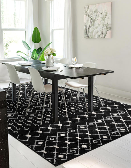 Black and White 4' 1 x 6' 1 Tribal Trellis Rectangle Area Rug Geometric Southwestern Inspired Durable Carpet for Home Interior Design for Sale at Rug Engine