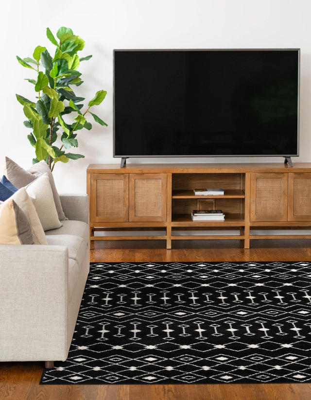 Black and White 10' 8 x 14' Tribal Trellis Rectangle Area Rug Geometric Southwestern Inspired Durable Carpet for Home Interior Design for Sale at Rug Engine