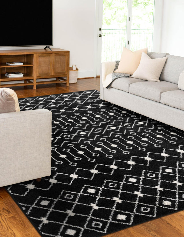 Black and White 4' 1 x 6' 1 Tribal Trellis Rectangle Area Rug Geometric Southwestern Inspired Durable Carpet for Home Interior Design for Sale at Rug Engine