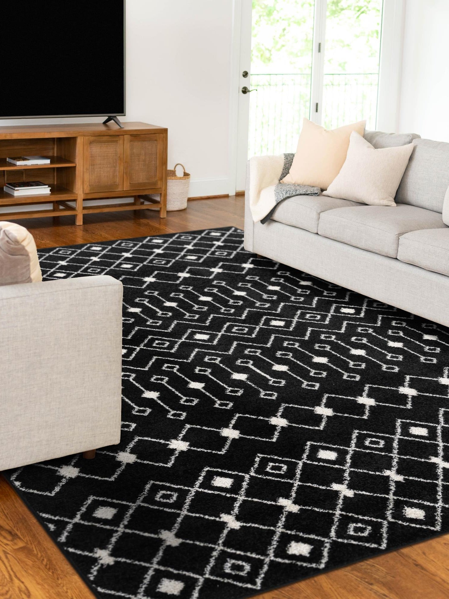 Black and White 10' 8 x 14' Tribal Trellis Rectangle Area Rug Geometric Southwestern Inspired Durable Carpet for Home Interior Design for Sale at Rug Engine