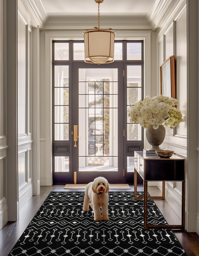 Black and White 10' 8 x 14' Tribal Trellis Rectangle Area Rug Geometric Southwestern Inspired Durable Carpet for Home Interior Design for Sale at Rug Engine