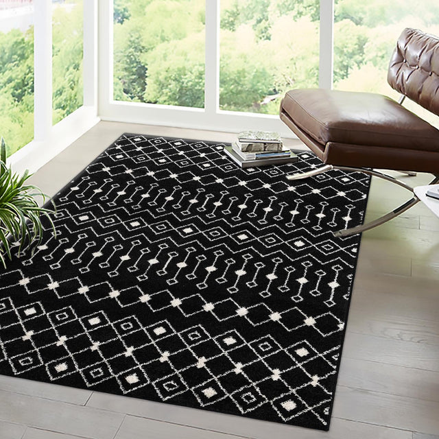 Black and White 10' 8 x 14' Tribal Trellis Rectangle Area Rug Geometric Southwestern Inspired Durable Carpet for Home Interior Design for Sale at Rug Engine