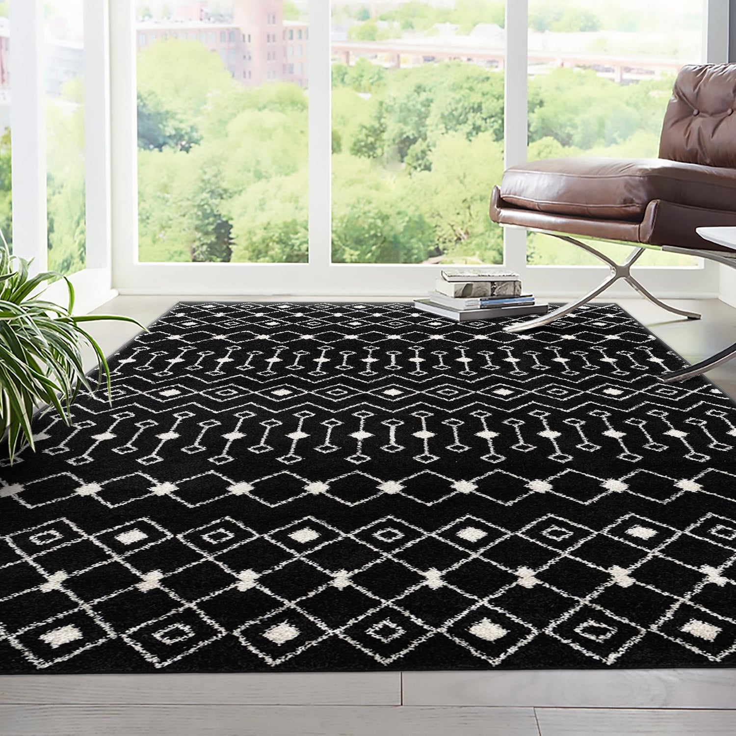 Black and White 9' x 12' Tribal Trellis Rectangle Area Rug Geometric Southwestern Inspired Durable Carpet for Home Interior Design for Sale at Rug Engine