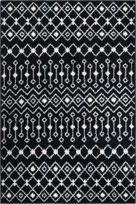 Black and White 4' 1 x 6' 1 Tribal Trellis Rectangle Area Rug Geometric Southwestern Inspired Durable Carpet for Home Interior Design for Sale at Rug Engine