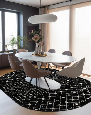 Black and White 5' 3 x 8' Tribal Trellis Oval Area Rug Geometric Southwestern Inspired Durable Carpet for Home Interior Design for Sale at Rug Engine