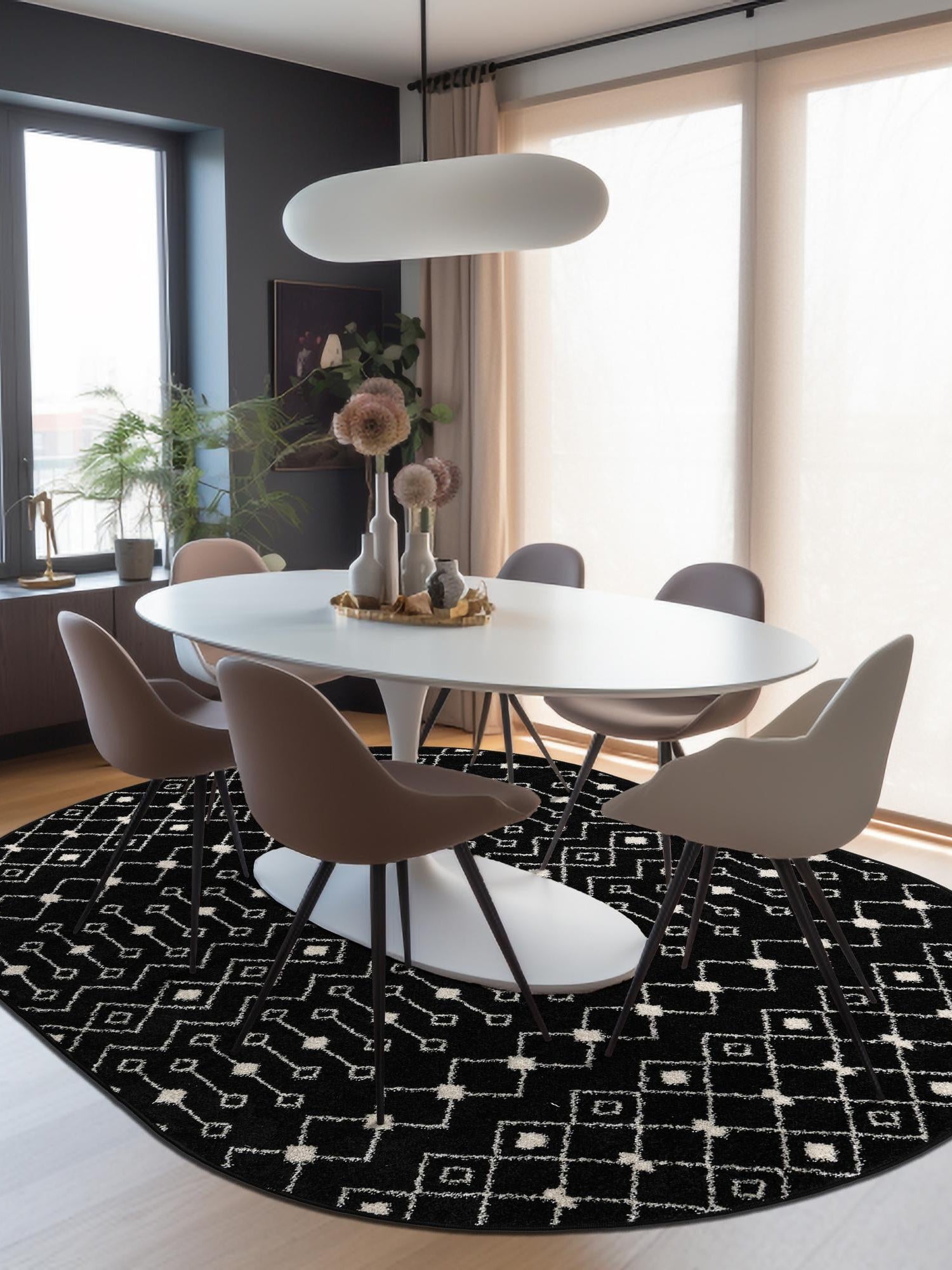Black and White 4' 1 x 6' 1 Tribal Trellis Oval Area Rug Geometric Southwestern Inspired Durable Carpet for Home Interior Design for Sale at Rug Engine