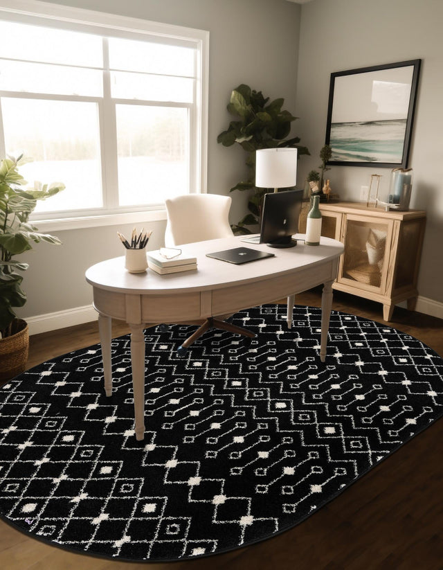 Black and White 7' 10 x 10' Tribal Trellis Oval Area Rug Geometric Southwestern Inspired Durable Carpet for Home Interior Design for Sale at Rug Engine
