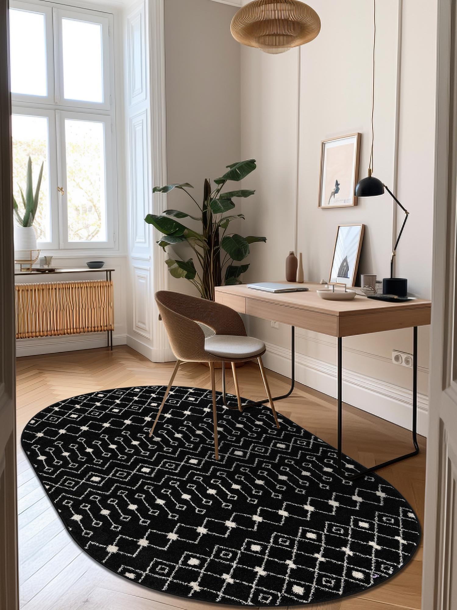 Black and White 7' 10 x 10' Tribal Trellis Oval Area Rug Geometric Southwestern Inspired Durable Carpet for Home Interior Design for Sale at Rug Engine