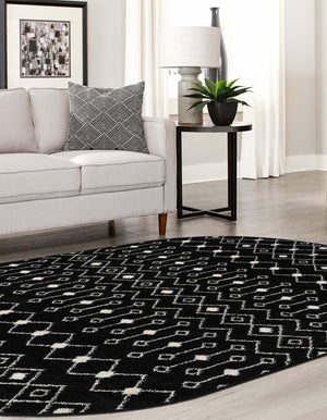 Black and White 5' 3 x 8' Tribal Trellis Oval Area Rug Geometric Southwestern Inspired Durable Carpet for Home Interior Design for Sale at Rug Engine