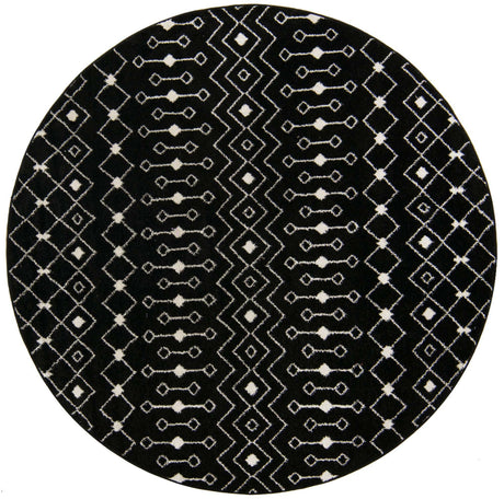 Black and White 7' 10 x 7' 10 Tribal Trellis Round Area Rug Geometric Southwestern Inspired Durable Carpet for Home Interior Design for Sale at Rug Engine