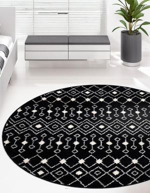 Black and White 10' x 10' Tribal Trellis Round Area Rug Geometric Southwestern Inspired Durable Carpet for Home Interior Design for Sale at Rug Engine
