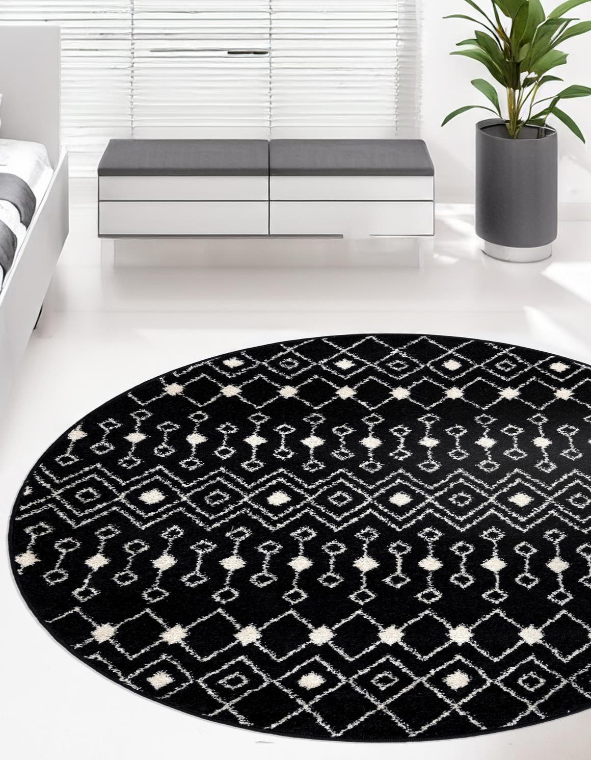 Black and White 6' 1 x 6' 1 Tribal Trellis Round Area Rug Geometric Southwestern Inspired Durable Carpet for Home Interior Design for Sale at Rug Engine