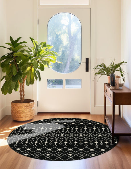 Black and White 7' 10 x 7' 10 Tribal Trellis Round Area Rug Geometric Southwestern Inspired Durable Carpet for Home Interior Design for Sale at Rug Engine