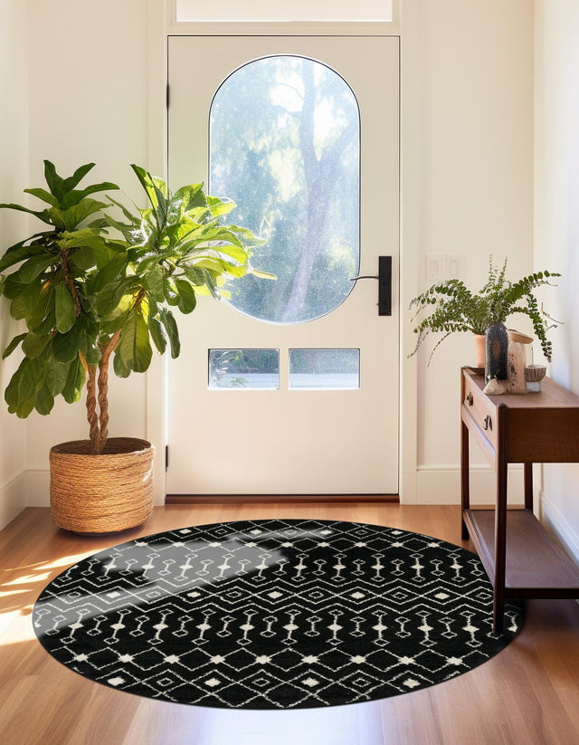 Black and White 7' 10 x 7' 10 Tribal Trellis Round Area Rug Geometric Southwestern Inspired Durable Carpet for Home Interior Design for Sale at Rug Engine