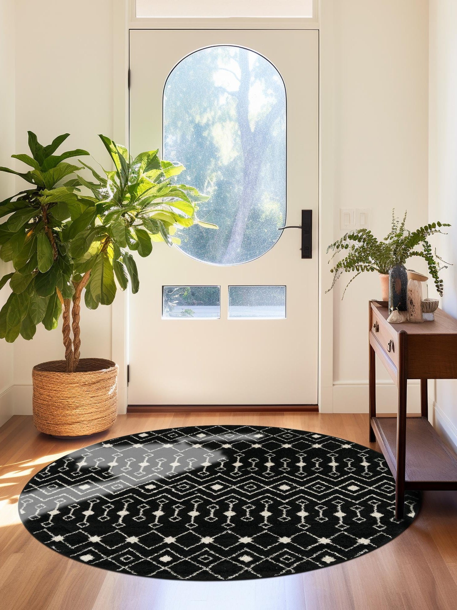 Black and White 6' 1 x 6' 1 Tribal Trellis Round Area Rug Geometric Southwestern Inspired Durable Carpet for Home Interior Design for Sale at Rug Engine