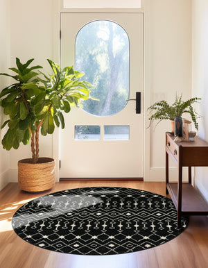Black and White 6' 1 x 6' 1 Tribal Trellis Round Area Rug Geometric Southwestern Inspired Durable Carpet for Home Interior Design for Sale at Rug Engine