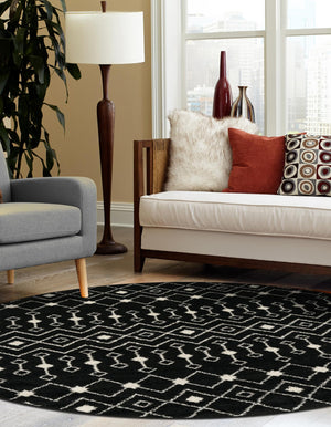 Black and White 7' 10 x 7' 10 Tribal Trellis Round Area Rug Geometric Southwestern Inspired Durable Carpet for Home Interior Design for Sale at Rug Engine