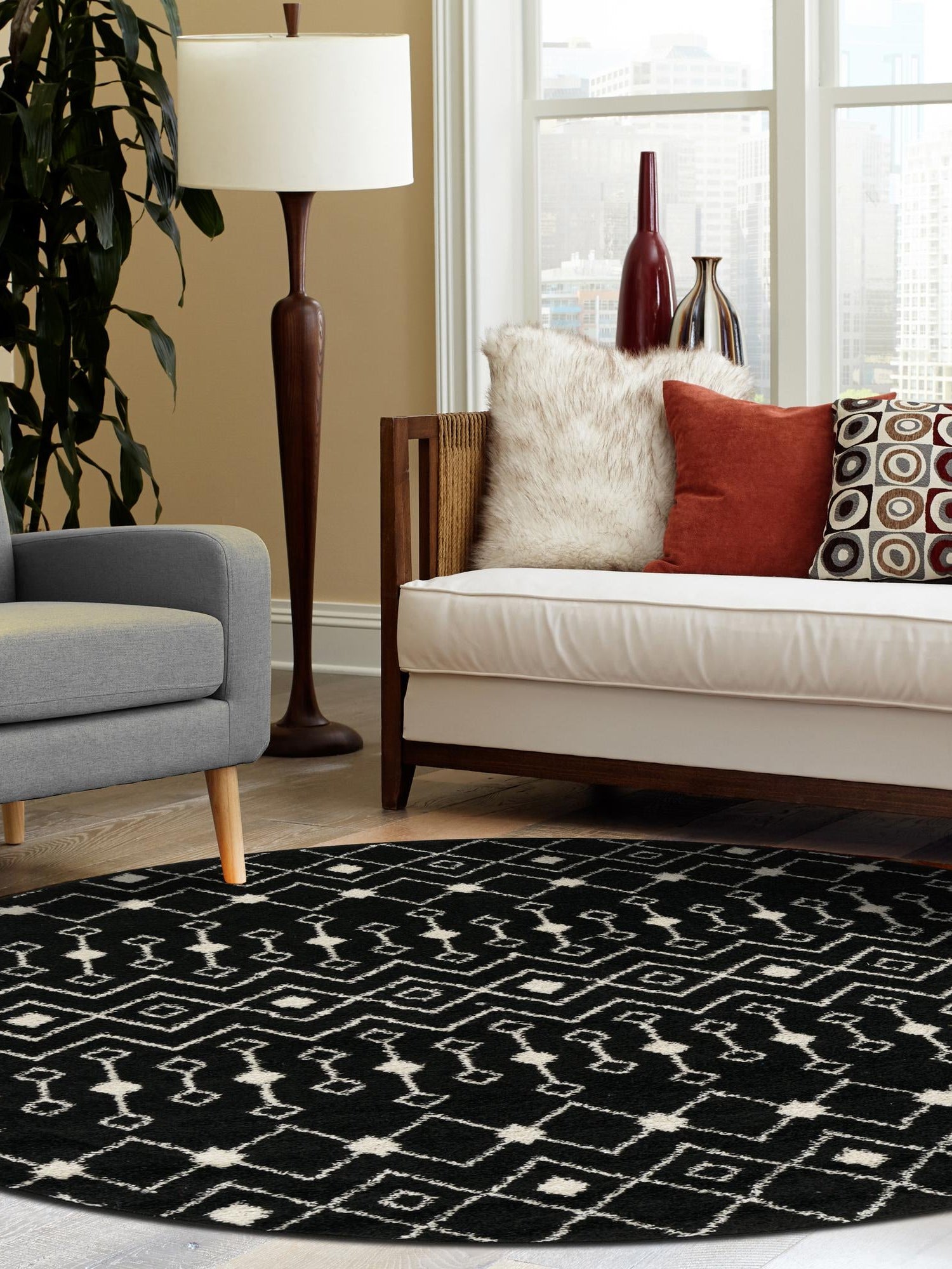 Black and White 6' 1 x 6' 1 Tribal Trellis Round Area Rug Geometric Southwestern Inspired Durable Carpet for Home Interior Design for Sale at Rug Engine