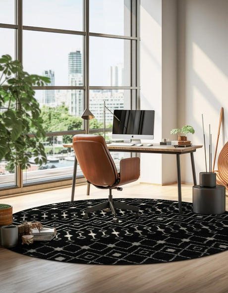 Black and White 7' 10 x 7' 10 Tribal Trellis Round Area Rug Geometric Southwestern Inspired Durable Carpet for Home Interior Design for Sale at Rug Engine