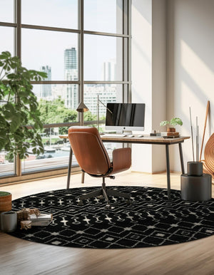 Black and White 5' 3 x 5' 3 Tribal Trellis Round Area Rug Geometric Southwestern Inspired Durable Carpet for Home Interior Design for Sale at Rug Engine