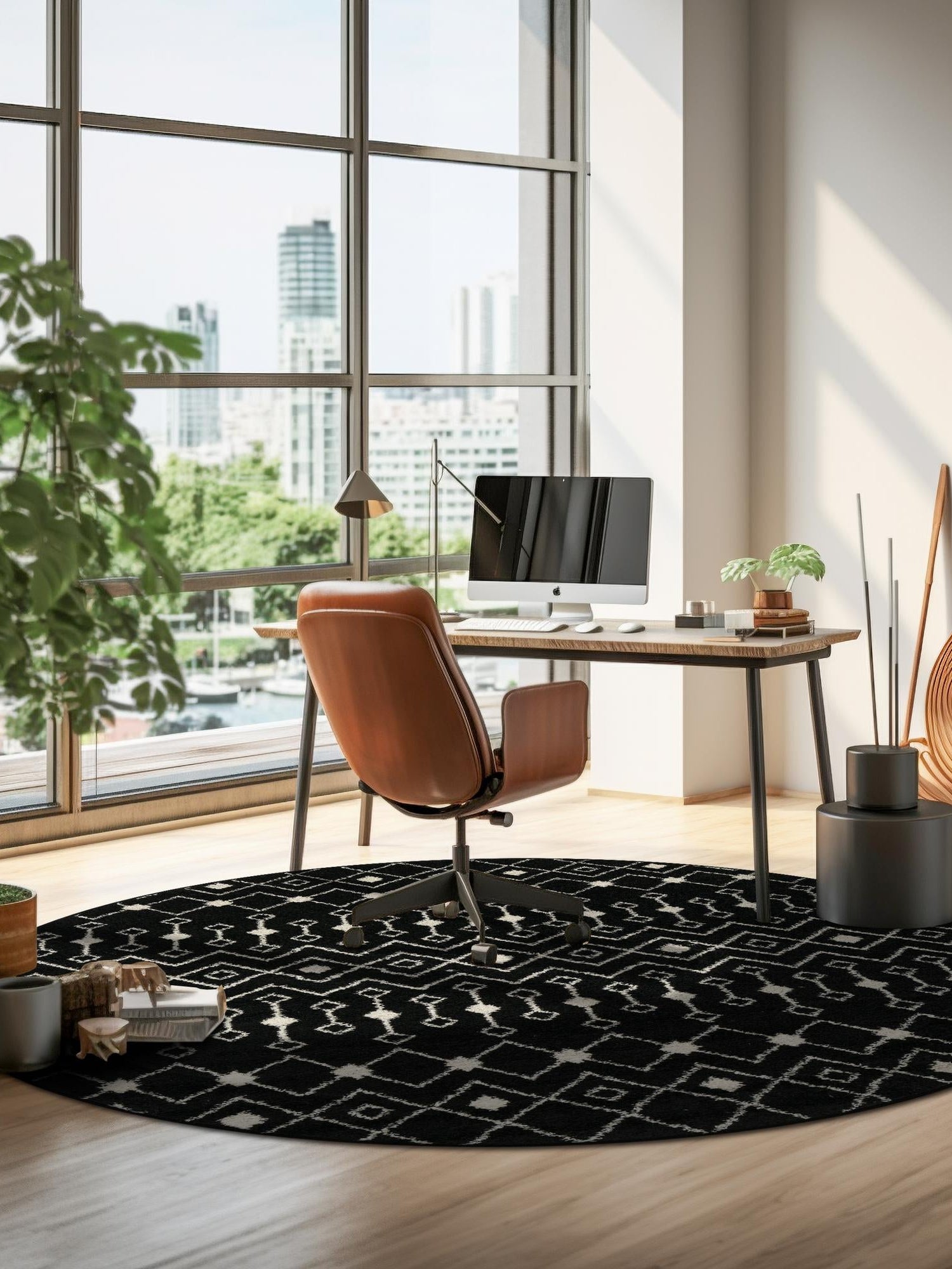 Black and White 3' 1 x 3' 1 Tribal Trellis Round Area Rug Geometric Southwestern Inspired Durable Carpet for Home Interior Design for Sale at Rug Engine