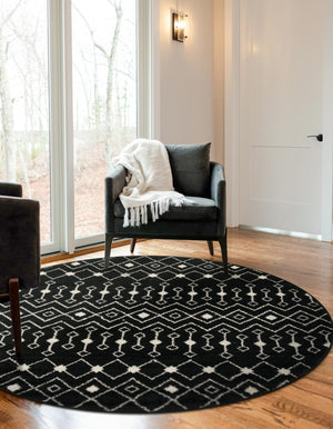 Black and White 6' 1 x 6' 1 Tribal Trellis Round Area Rug Geometric Southwestern Inspired Durable Carpet for Home Interior Design for Sale at Rug Engine