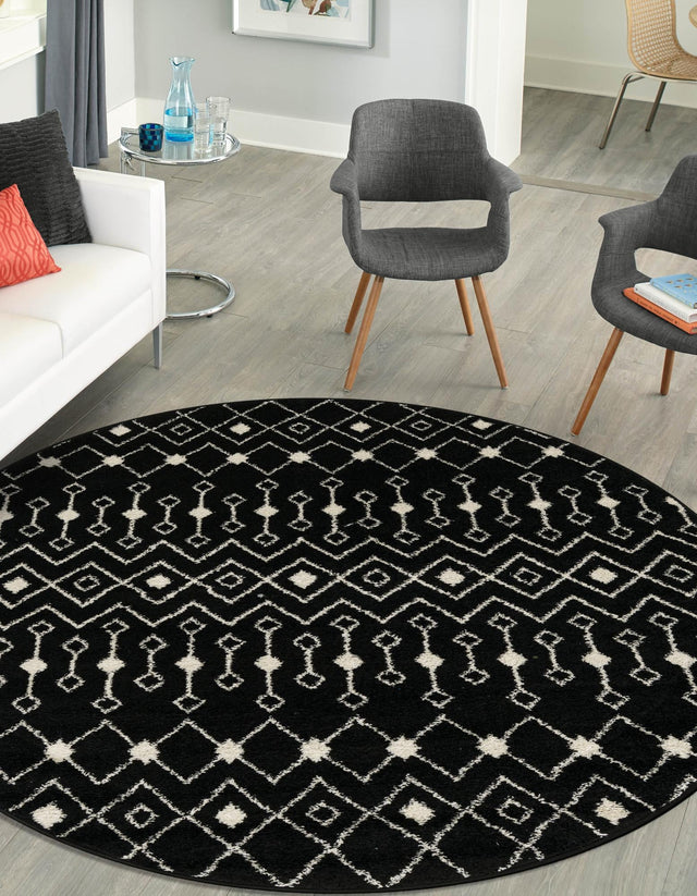 Black and White 7' 10 x 7' 10 Tribal Trellis Round Area Rug Geometric Southwestern Inspired Durable Carpet for Home Interior Design for Sale at Rug Engine