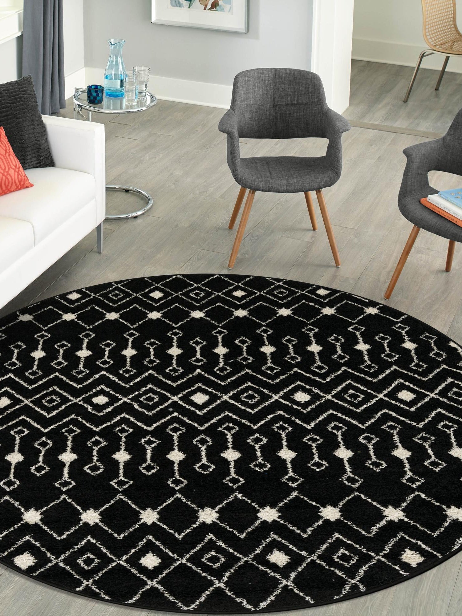 Black and White 3' 1 x 3' 1 Tribal Trellis Round Area Rug Geometric Southwestern Inspired Durable Carpet for Home Interior Design for Sale at Rug Engine