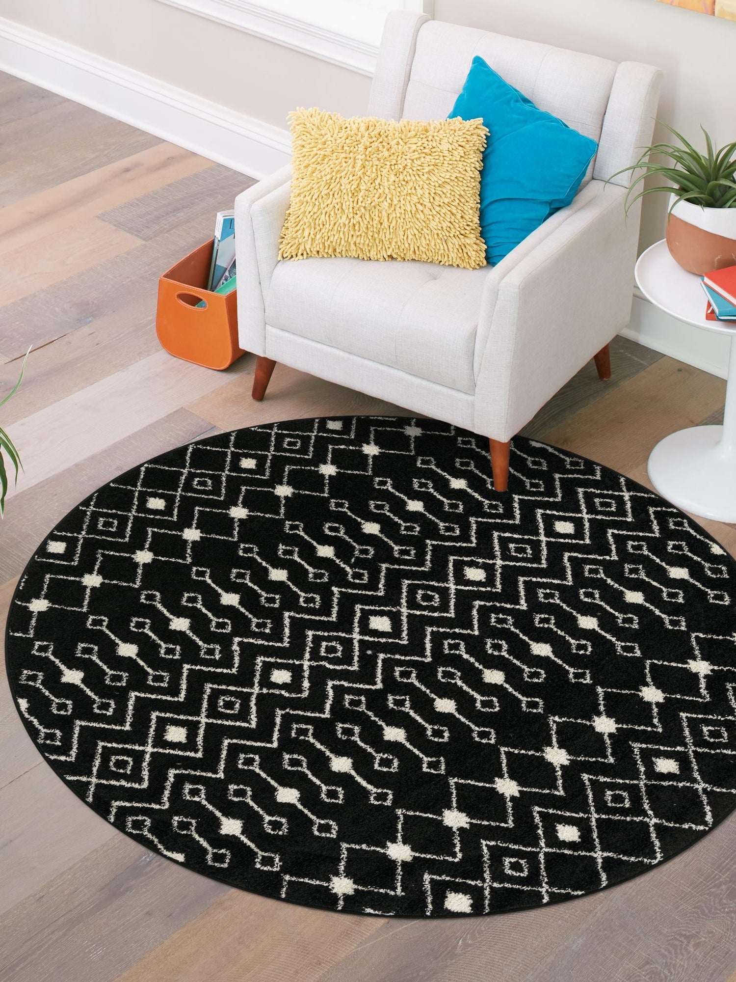 Black and White 10' x 10' Tribal Trellis Round Area Rug Geometric Southwestern Inspired Durable Carpet for Home Interior Design for Sale at Rug Engine
