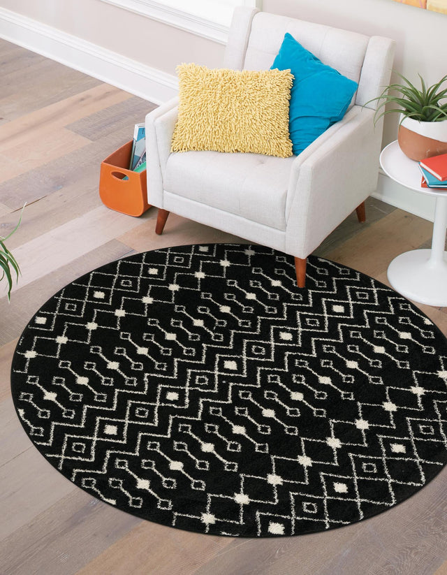 Black and White 5' 3 x 5' 3 Tribal Trellis Round Area Rug Geometric Southwestern Inspired Durable Carpet for Home Interior Design for Sale at Rug Engine
