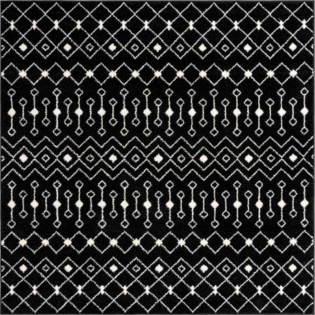 Black and White 7' 10 x 7' 10 Tribal Trellis Square Area Rug Geometric Southwestern Inspired Durable Carpet for Home Interior Design for Sale at Rug Engine