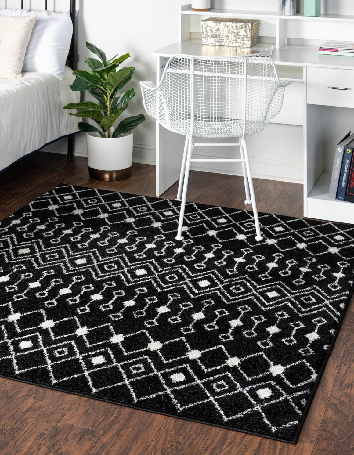 Black and White 6' 1 x 6' 1 Tribal Trellis Square Area Rug Geometric Southwestern Inspired Durable Carpet for Home Interior Design for Sale at Rug Engine