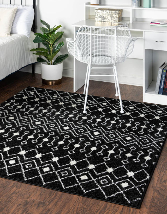 Black and White 6' 1 x 6' 1 Tribal Trellis Square Area Rug Geometric Southwestern Inspired Durable Carpet for Home Interior Design for Sale at Rug Engine