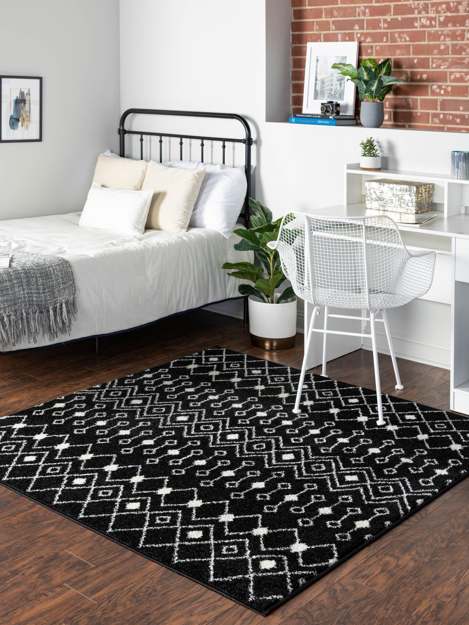 Black and White 6' 1 x 6' 1 Tribal Trellis Square Area Rug Geometric Southwestern Inspired Durable Carpet for Home Interior Design for Sale at Rug Engine