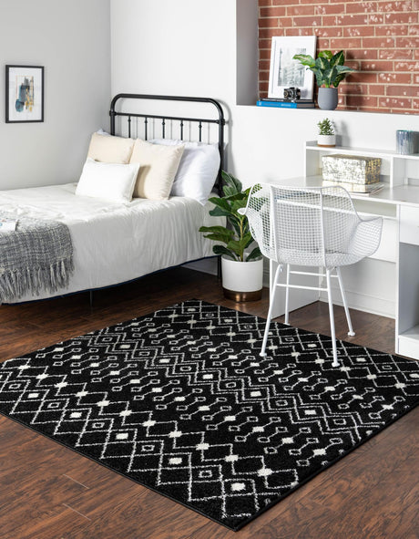 Black and White 6' 1 x 6' 1 Tribal Trellis Square Area Rug Geometric Southwestern Inspired Durable Carpet for Home Interior Design for Sale at Rug Engine